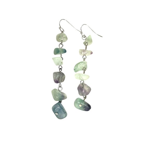 Natural Fluorite Gemstone Dangle Earrings With Silver Hook Boho Artisan Beachy - Picture 1 of 6